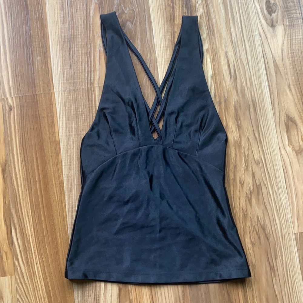 Free People Black Halter Criss Cross Satin Tank